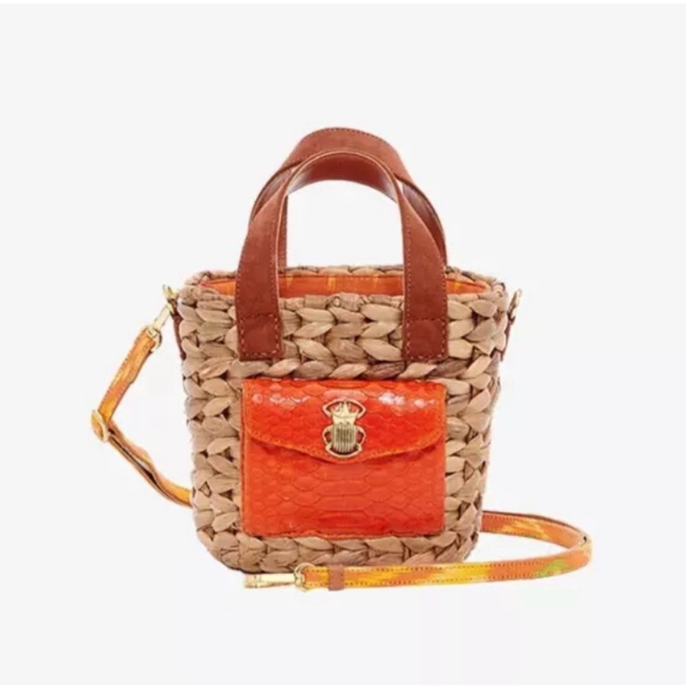 Claris Virot Basket Joe Wicker Hyacinth Leaf Bag With Python Leather